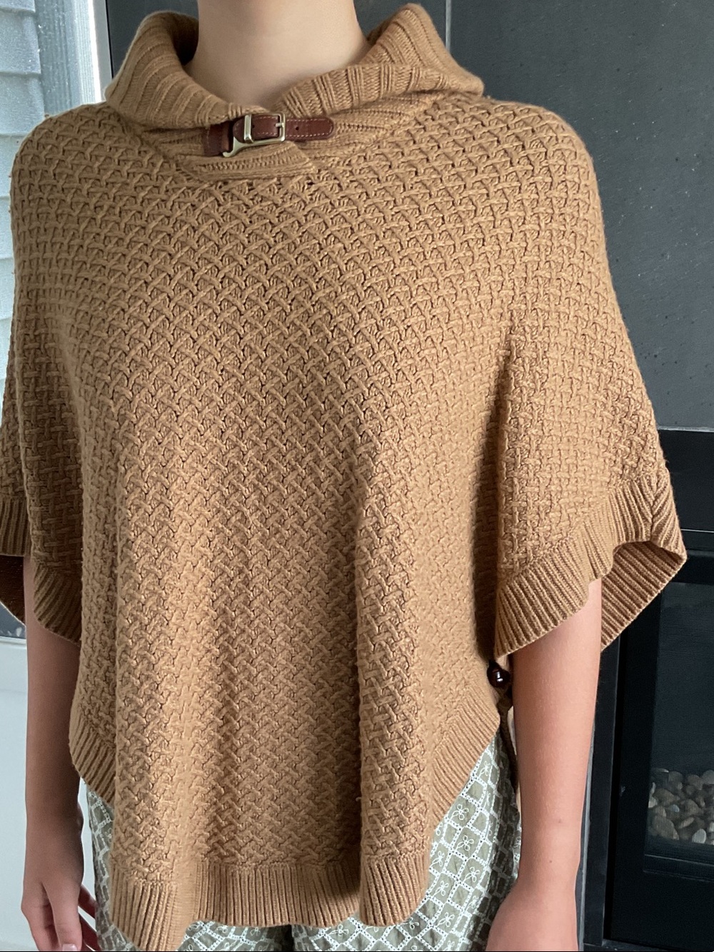 Massimo Dutti Camel Knit Hooded Poncho with Buckle Detail